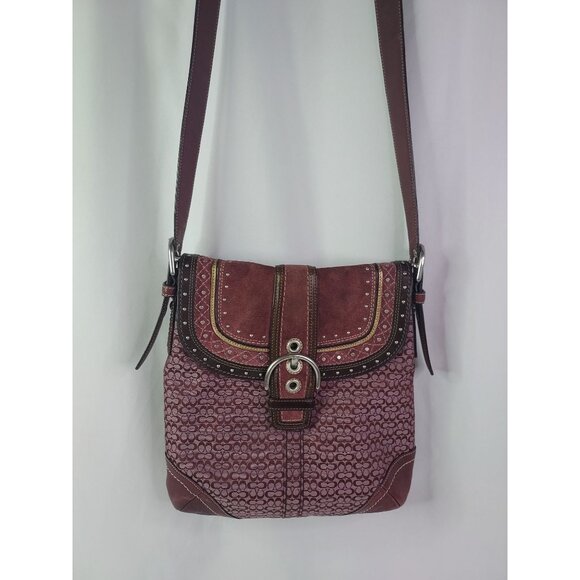 Coach Soho Signature Canvas Suede Shoulder Bag Burgundy Wine Western Country - Picture 1 of 16